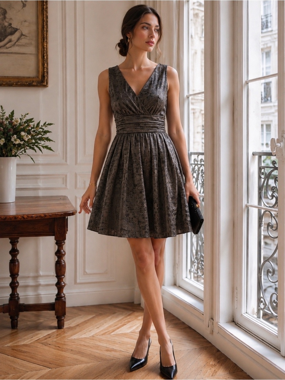 Pink Tartan Textured Jacquard Fit & Flare Dress – Size 4 Grey